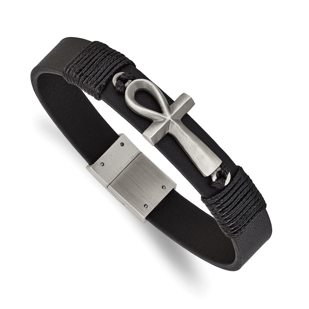 Kazi Luxury Steel Antiqued & Brushed Ankh Cross Black Leather 8.5in Bracelet